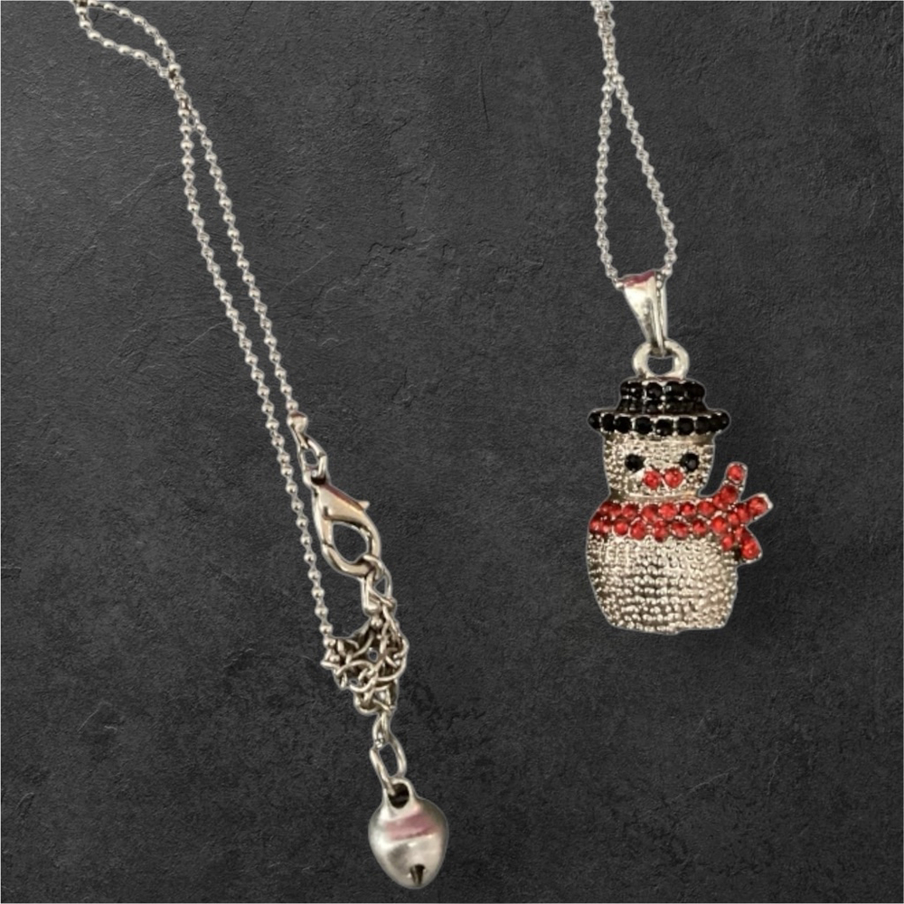 Silver & Red Snowman Christmas Pendant Necklace
